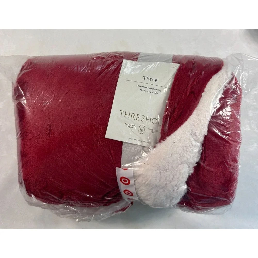 Threshold Solid Plush Throw Blanket with Faux Shearling Reverse Red NWT